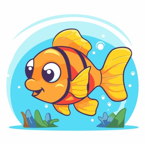 Cute cartoon clownfish swimming in the sea.