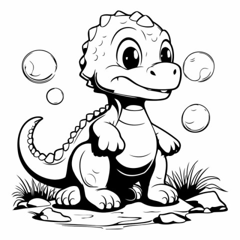 Cute baby dinosaur playing with bubbles - black and white vector