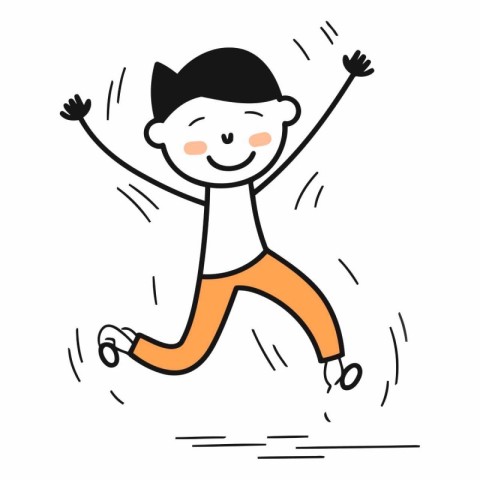 Happy boy jumping with hands up in cartoon style.