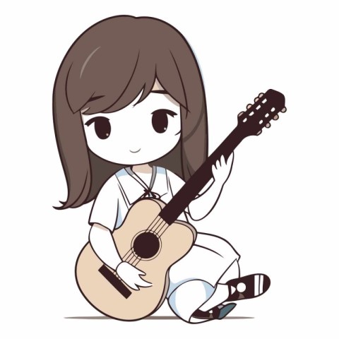 Illustration of a Cute Little Girl Playing the Guitar - Vector