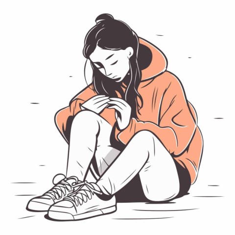 Sad young woman sitting on the ground in sketch style.