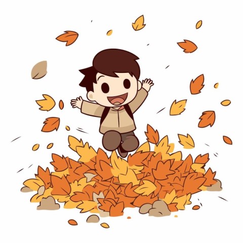 boy jumping in the autumn leaves on a white background