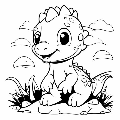 Cute baby dinosaur sitting on the grass. Coloring book for child