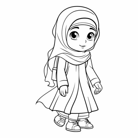 Arabic little girl in traditional clothes for coloring book.