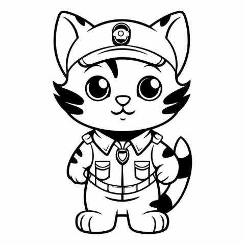 Black and White Cartoon Illustration of Cute Cat Captain Charact