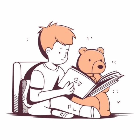 Boy reading a book with a teddy bear.