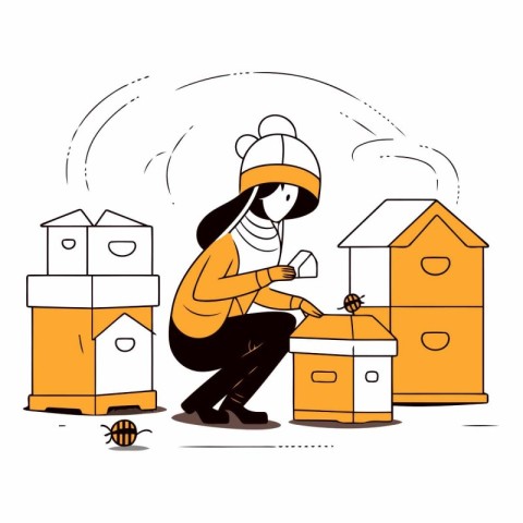 Beekeeper in the apiary in cartoon style.