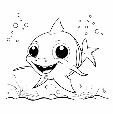 Cute little shark swimming in the sea for coloring book.