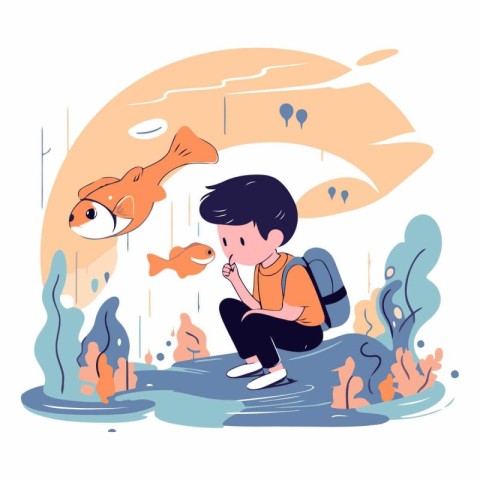 Boy playing with fish in the pond in cartoon style.