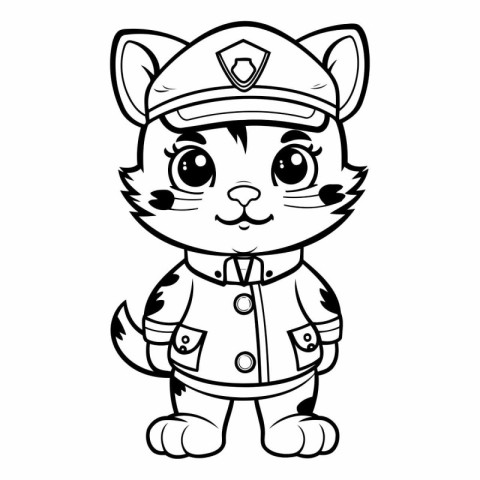 Black and White Cartoon Illustration of Cute Cat Captain Charact