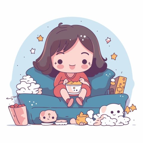 Cute little girl sitting on the sofa and eating popcorn.