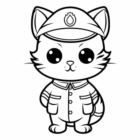 Black And White Cartoon Illustration of Cute Cat Captain Charact