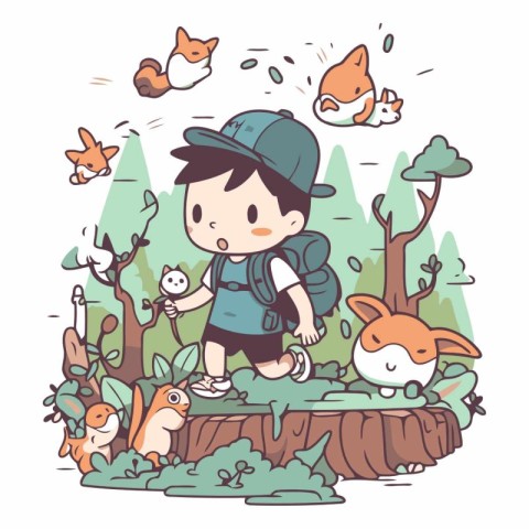 Little boy playing with foxes in the forest.