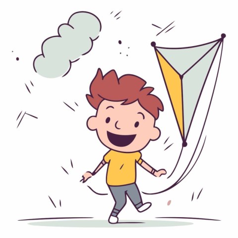 Happy boy playing with a kite in cartoon style.