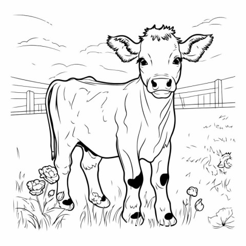 Cow on the meadow. Black and white vector illustration for color