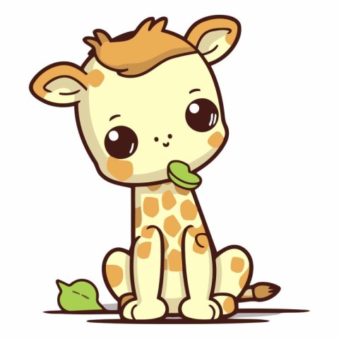 Cute cartoon giraffe sitting and eating leaves.