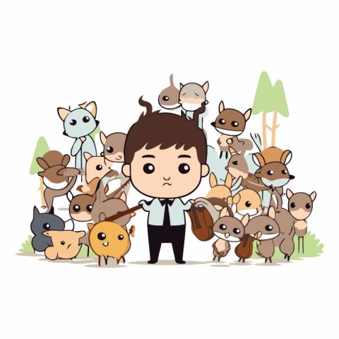 cute little boy with cute animals in the park vector illustratio