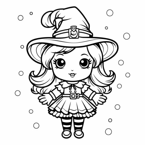 Black and White Cartoon Illustration of Cute Little Witch for Co