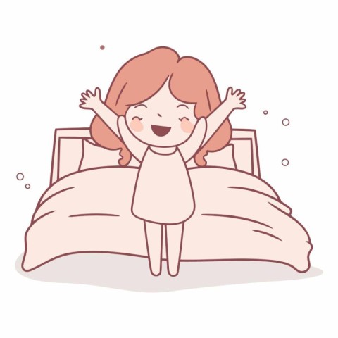 Cute little girl in bed in cartoon style.