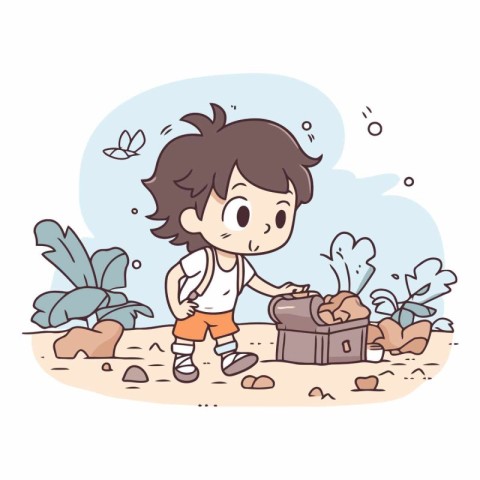 Boy playing with treasure box on the beach. cartoon vector illus