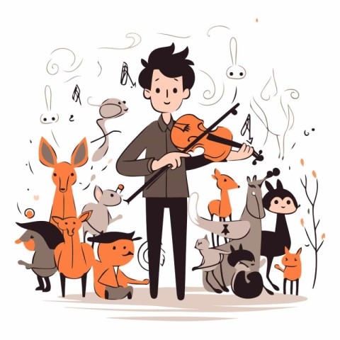 Vector illustration of a man playing violin with a group of anim