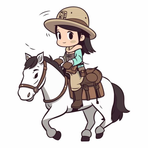 Cute little girl riding a horse on white background.