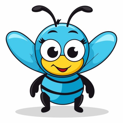 Cute cartoon blue bee character isolated on white background.