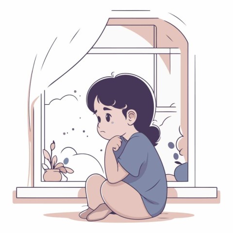 Illustration of a sad boy sitting on the windowsill and looking