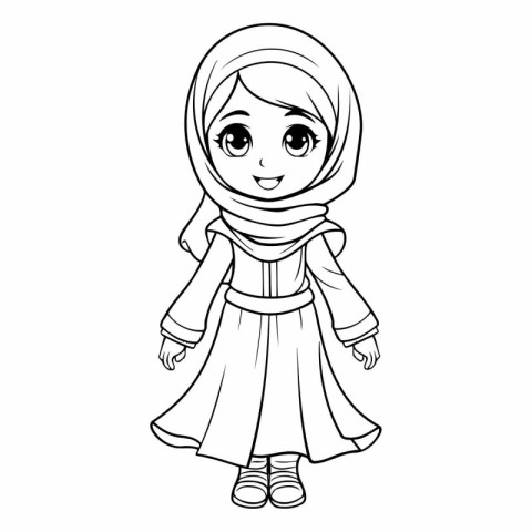 Cute muslim girl in hijab for coloring book.