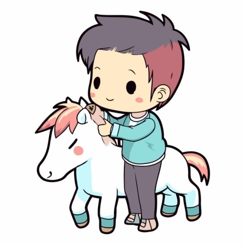 Cute boy and white horse on white background.