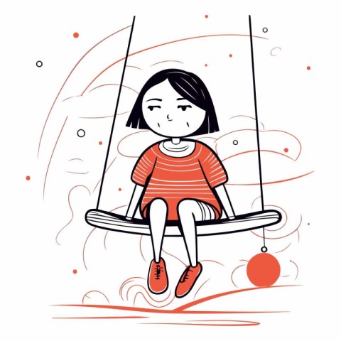 Little girl swinging on a swing in cartoon style.