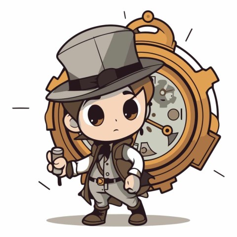 Cute detective boy with clock and magnifying glass cartoon vecto