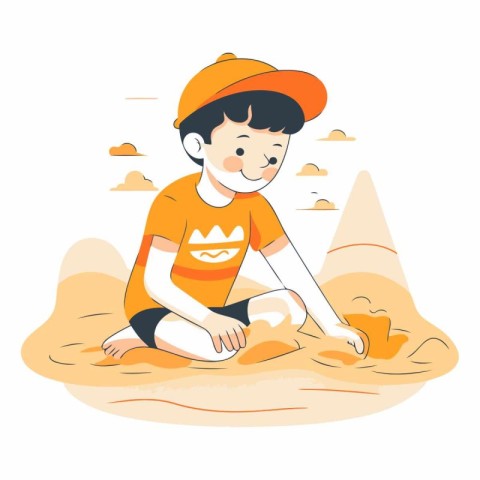 Boy playing sand on the beach in cartoon style.