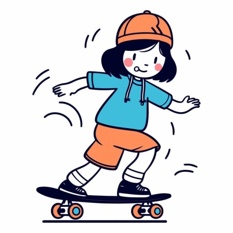 Cute little girl riding a skateboard in cartoon style.