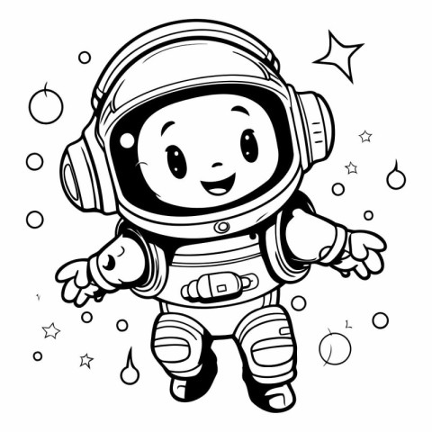 Cute astronaut in space suit and helmet. black and white vector