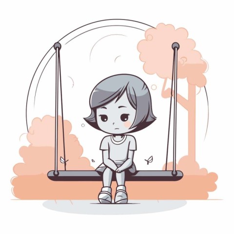 Cute little girl sitting on swing in cartoon style.