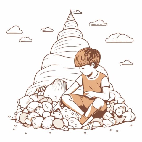 Boy sitting on the sand and playing with stones.