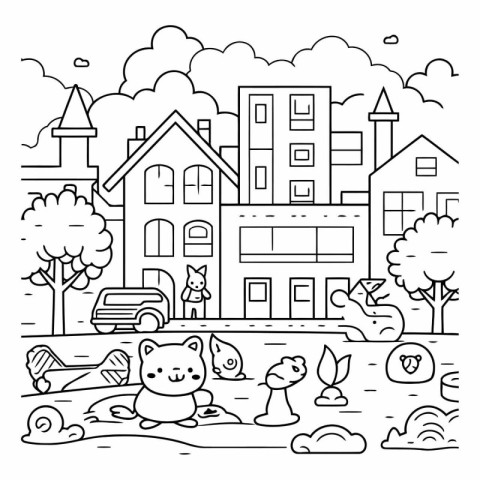 Cute cartoon animals in the city for coloring book