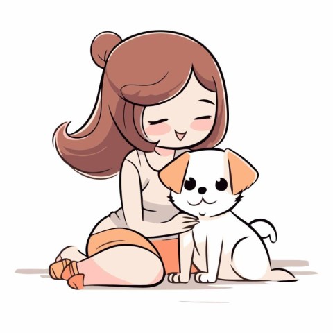 Cute girl and her puppy on white background.