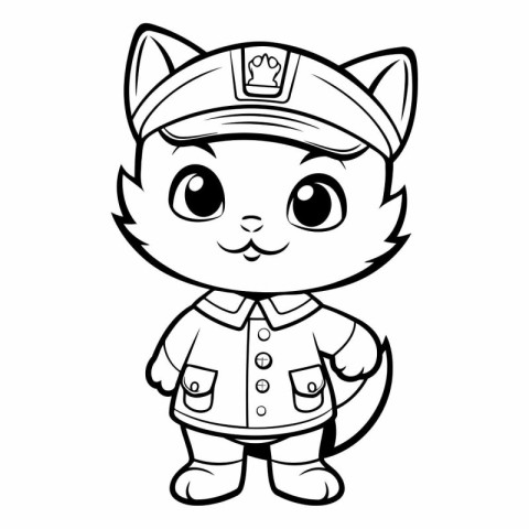 Black and White Cartoon Illustration of Cute Cat Captain Charact