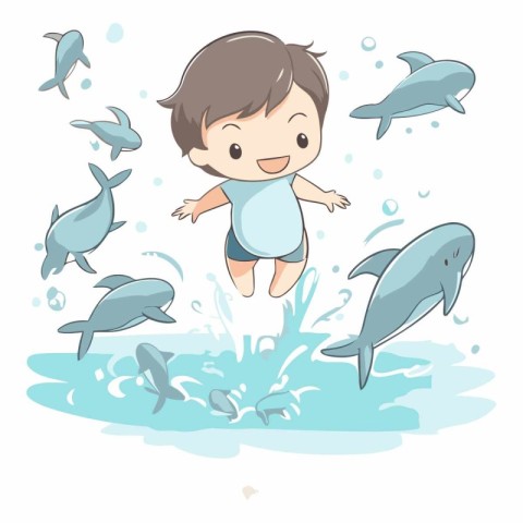 Illustration of a Little Boy Jumping in the Water with Dolphin T