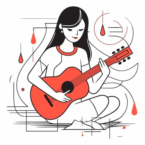 Young woman playing guitar in doodle style.