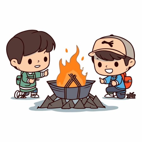 Grandfather and grandson cooking on campfire cartoon vector illu