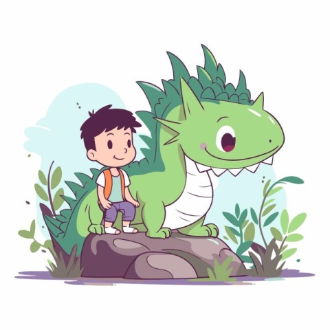 Boy with a backpack and a dinosaur. Cute cartoon vector illustra