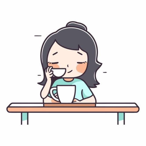 Cute Girl Drinking Tea or Coffee in Cafe