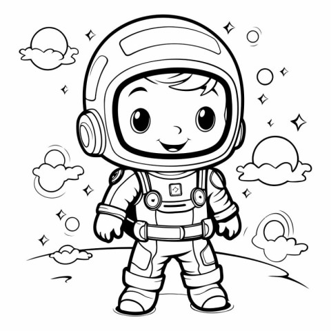 Cute astronaut boy cartoon in space. Black and white vector illu