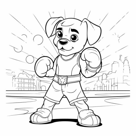 Black and White Cartoon Illustration of a Cute Puppy Boxing in t