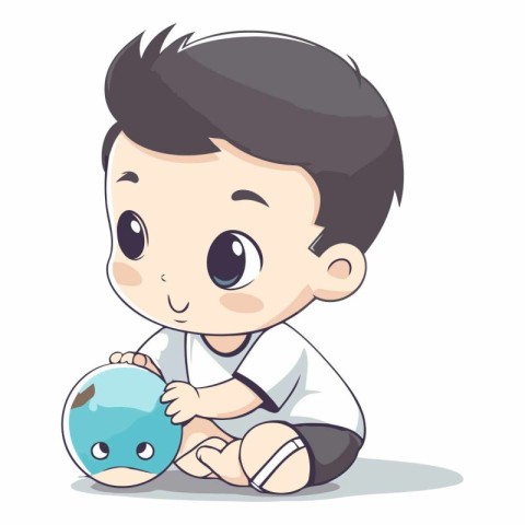 Cute little boy playing with bowling ball in cartoon style.