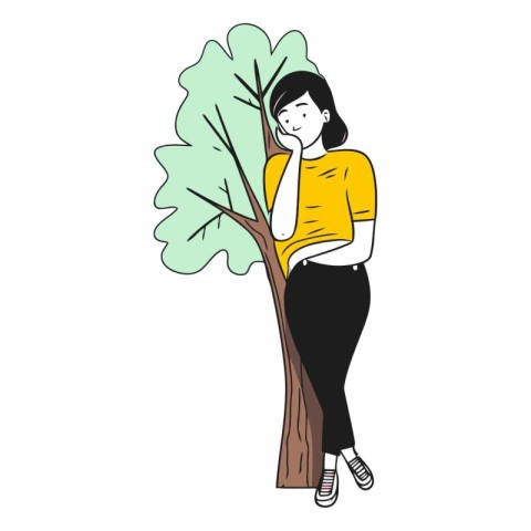 Young woman standing near a tree in cartoon style.