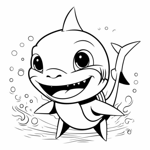 Black and White Cartoon Illustration of Cute Shark Animal Charac